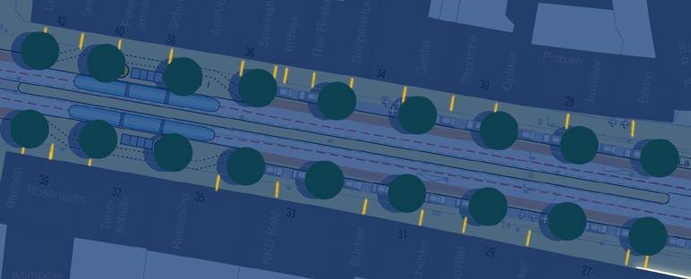 Lageplanausschnitt Friedrich-Ebert-Straße mit Darstellung der Lichtlinien M 1:500 - Lichtlinien markieren die Eingänge zu Geschäften und Gastronomie - durch die Häufung der Geschäfte in Richtung