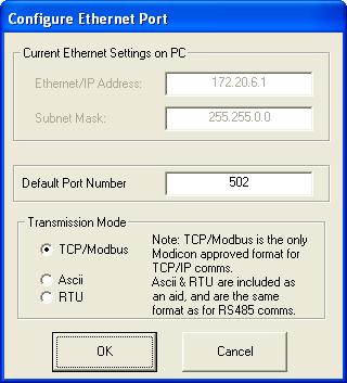 Im Feld Communication Port den Eintrag Ethernet auswählen und Button Com Port