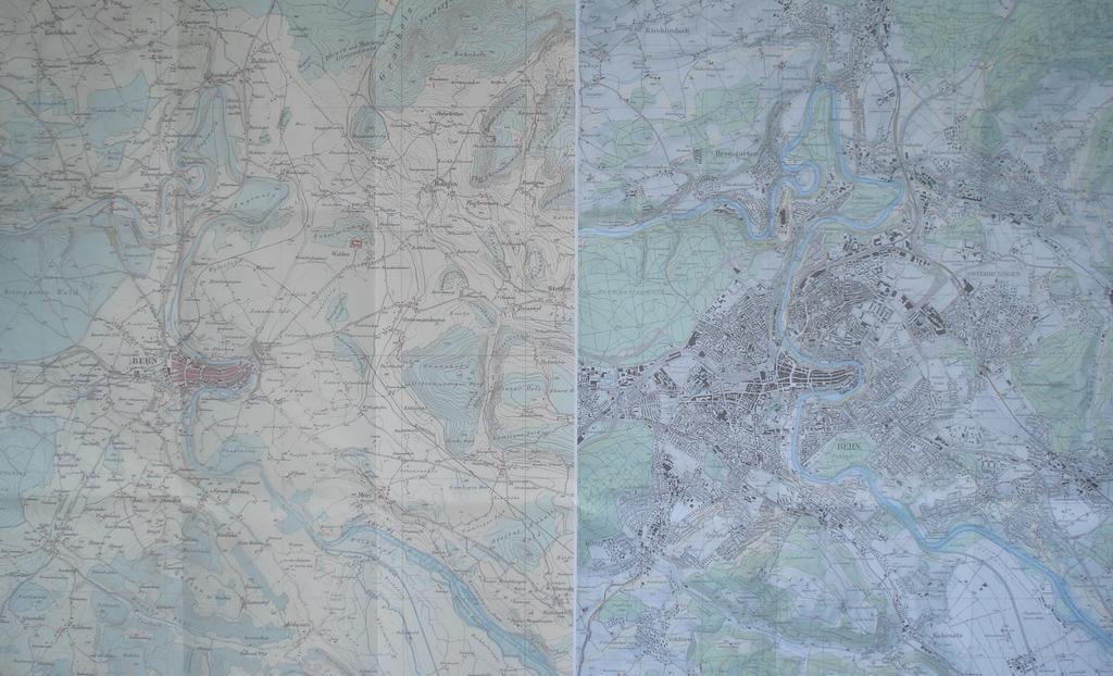 Bern einst und jetzt: Gegenüberstellung der Dufourkarte von 1854 mit der Landeskarte 1993 im Massstab 1:25'000 Bundesamt für Landestopographie, 3084 Wabern, Ausgabe 1995 Das Siedlungsgebiet ist bis