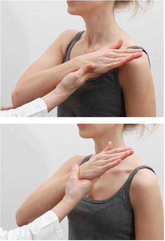 Bear-hug-Test [5] A: P legt ipsilaterale Hand auf die gegenüberliegende Schulter. Der ipsilaterale Ellenbogen zeigt nach anterior.