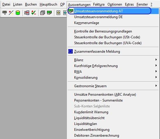 4. Erstellung der Umsatzsteuer-Voranmeldung 4.1 Formulardruck Es wird Auswertungen / Umsatzsteuervoranmeldung AT gewählt.