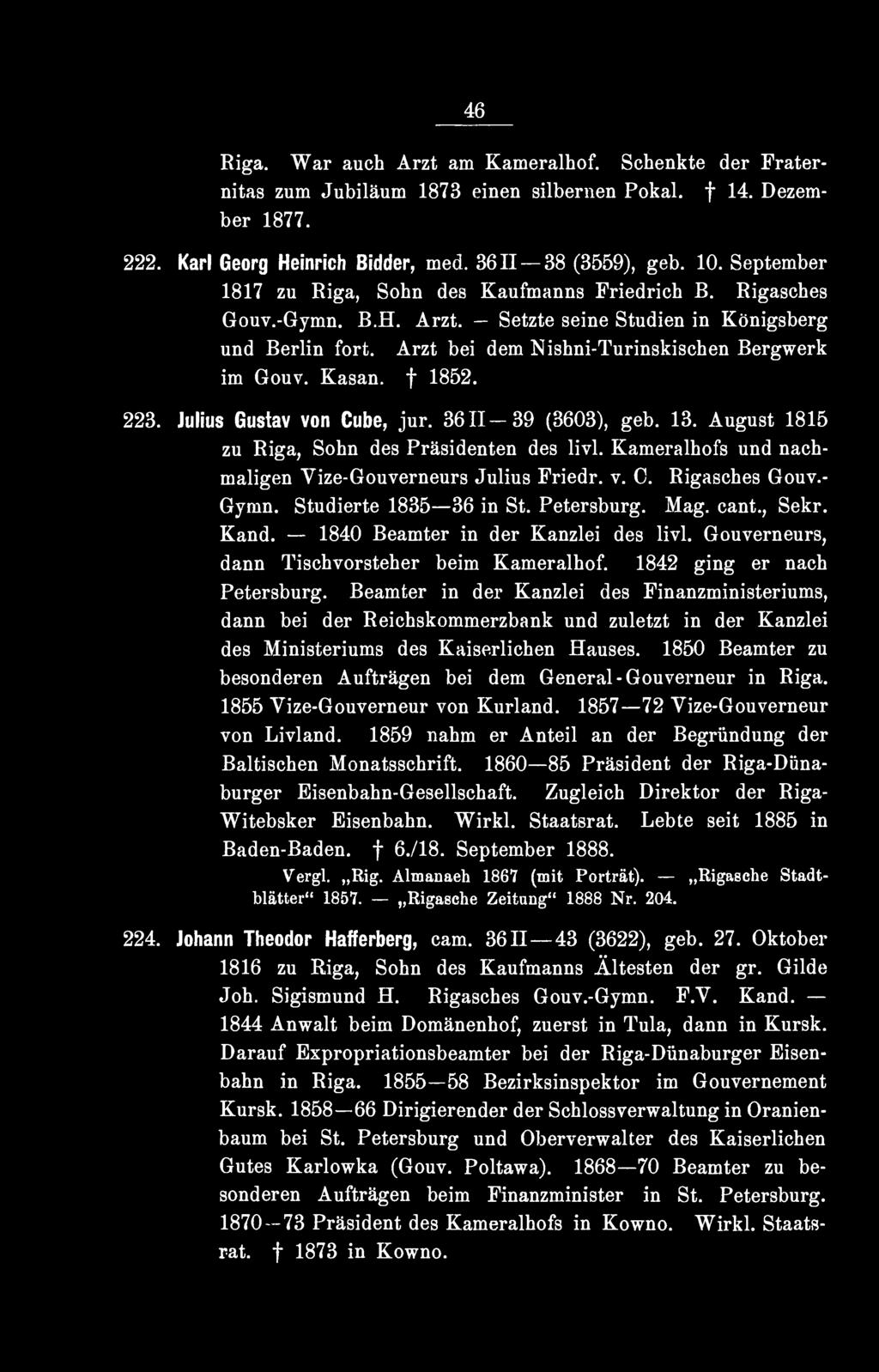 Kasan, f 1852. 223. Julius Gustav von Cube, jur. 3611 39 (3603), geb. 13. August 1815 zu Riga, Sohn des Präsidenten des livl. Kameralhofs und nachmaligen Vize-Gouverneurs Julius Friedr. v. C. Rigasches Gouv.
