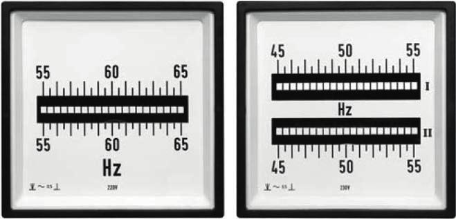 FQ(D) ZungenFrequenzmesser FQ(D) ZungenFrequenzmesser Abbildung 13: Zungenfrequenzmesser FQ 96 und FQD 96 Eigenschaften Ausführungen Messbereich Vibrationsmesswerk Messbereich von 45 Hz bis 65 Hz