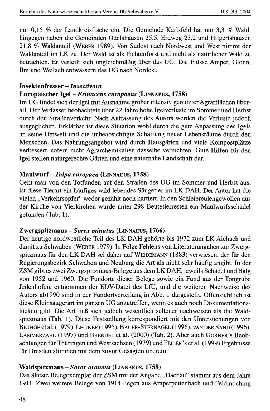 Berichte des Naturwissenschaftlichen Naturwissenschaftlicher Vereins für für Schwaben, download e.v. unter www.biologiezentrum.at 108. Bd. 2004 nur 0,15 % der Landkreisfläche ein.