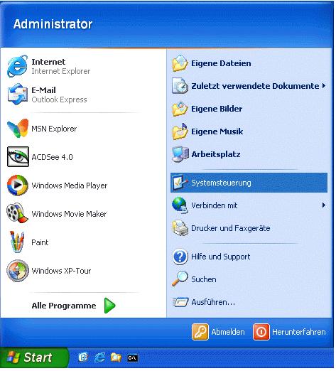 Wählverbindung über PPP einrichten E.5 Einstellungen in Microsoft Windows XP Professional E.5.1 Modeminstallation Öffnen Sie über das Startmenü den Menüpunkt Systemsteuerung.
