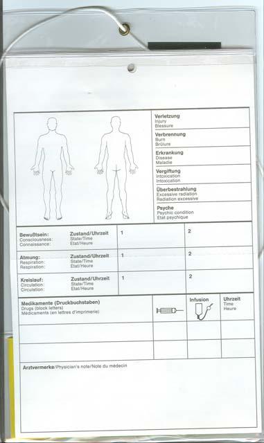 Anhängekarte für Verletzte/Kranke (Rotes Kreuzes) Bei der Anhängekarte handelt es sich um einen mehrsprachig beschrifteten