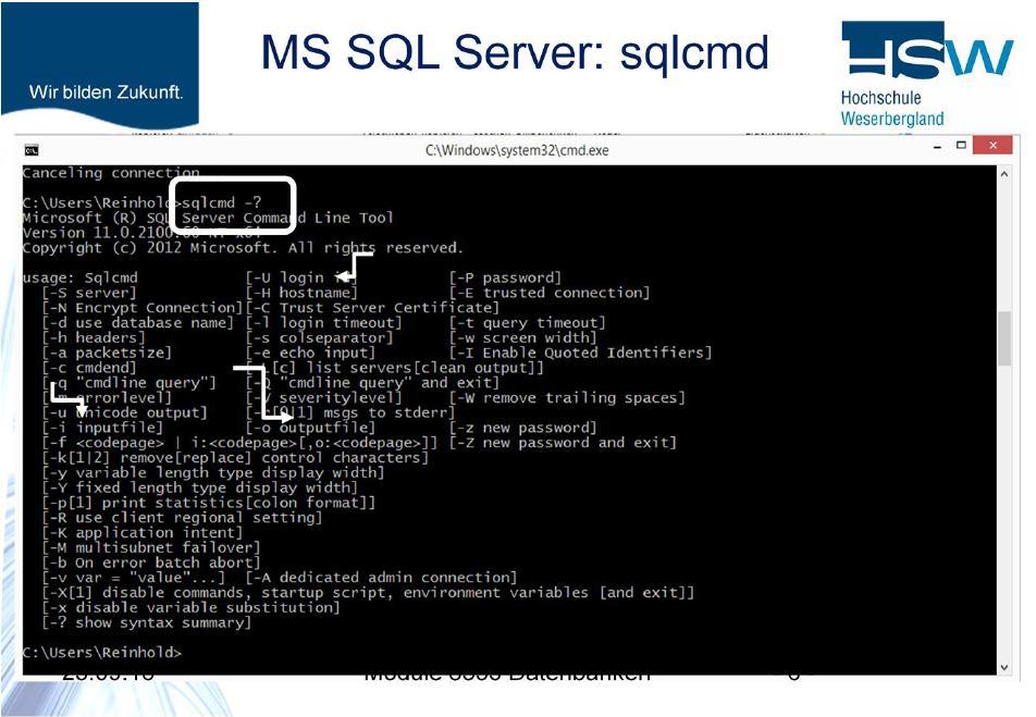 In dieser Abbildung sehen Sie als Beispiel die Optionen die beim Aufruf des SQL Server Interpreters sqlcmd.exe angegeben werden können.