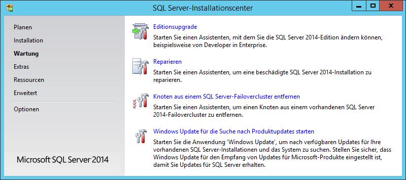 1.3 SQL Server 2014 installieren Bild 1.12 Option Wartung im Installationscenter Unter der Option Extras finden Sie die Systemkonfigurationsprüfung, die schon unter Planen vorhanden war.