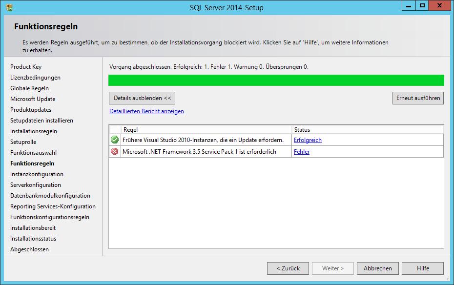 26 1 Der SQL Server 2014 stellt sich vor Die Überprüfung der Funktionsregeln erfolgt im nächsten Schritt.