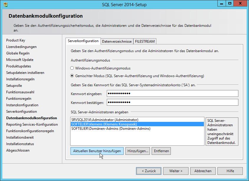 1.3 SQL Server 2014 installieren Bild 1.25 Sicherheit für SQL Server konfigurieren Sie können die Standardverzeichnisse für verschiedene Daten getrennt angeben.