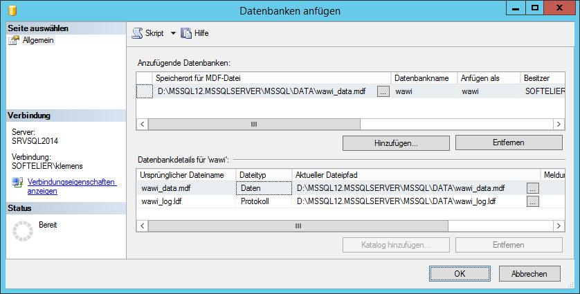 Starten Sie das SQL Server Management Studio (die Bedienung wird im folgenden Kapitel noch ausführlich erklärt) und melden Sie sich am zuvor installierten SQL Server mit der Windows-Authentifizierung