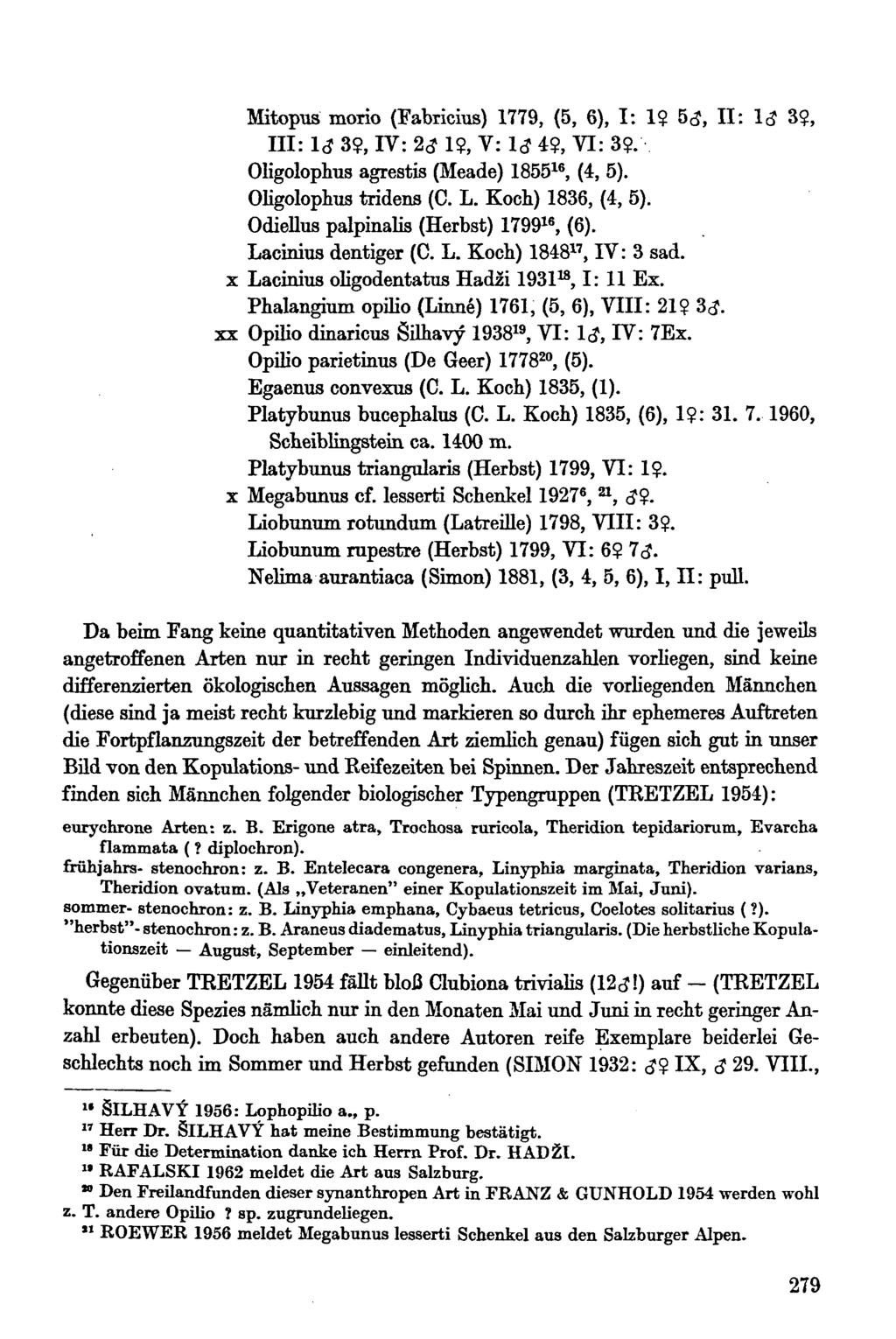 Mitopus moiio (Fabricius) 1779, (5, 6), I: 1$ 5,5, II: 13 3$, III: 1<? 3?, IV: 2<? 1$, V: 1<? 4$, VI: 3$. Oligolophus agrestis (Meade) 1855 16, (4, 5). Oligolophus tridens (C. L. Koch) 1836, (4, 5).