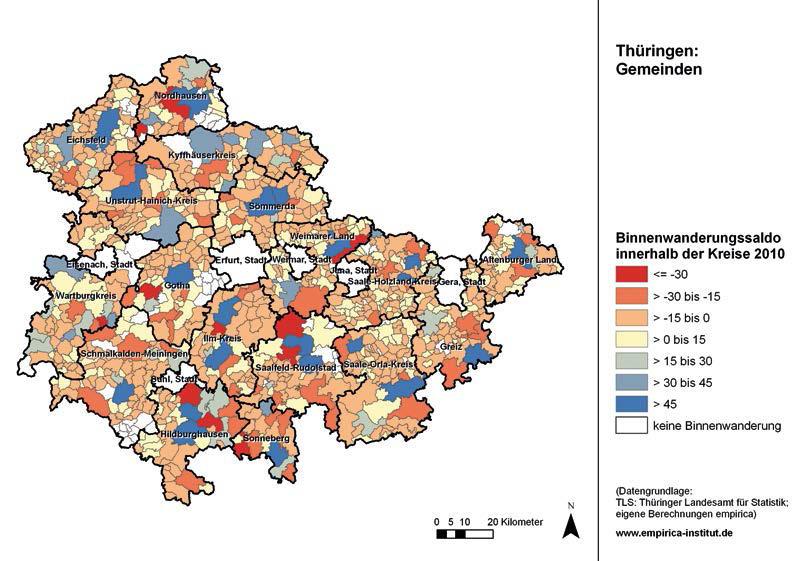 16 Wohnungsmarktbericht Thüringen Karte 1: Binnenwanderungsbilanz der Gemeinden im Jahr 2010 ohne Wanderungen über die Landesgrenze von Thüringen a)