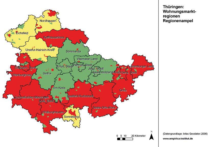 Zusammenfassung und Empfehlungen 99 Karte 16: Regionsampel Thüringen mit Berücksichtigung lokaler Inseln rote Inseln: Quartiere in grünen oder gelben Regionen mit Anteil 65-Jähriger und Älterer >