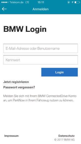 EINRICHTEN DES PARKNOW ACCOUNTS. 3. Wählen Sie BMW ConnectedDrive aus.
