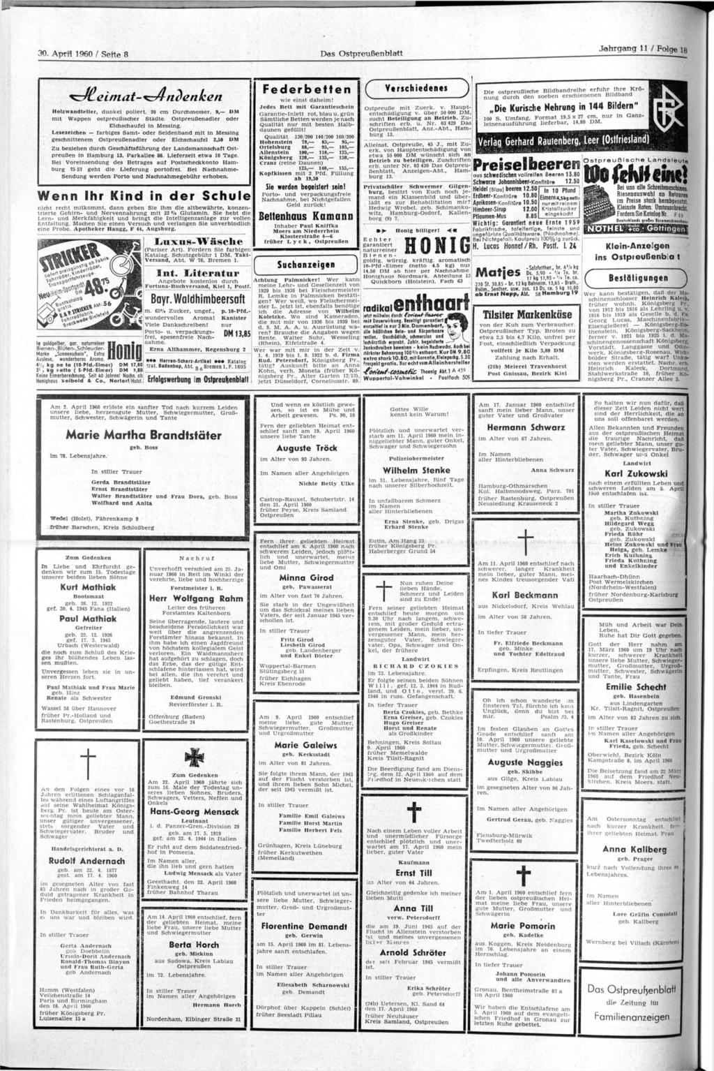 30. April 1960 / Seite 8 Das Ostpreußenblatt Jahrgang 11 / Folge 18 an Holzwandteller, dunkel poliert, 20 cm Durchmesser. 9, DM mit Wappen ostpreußischer Städte.