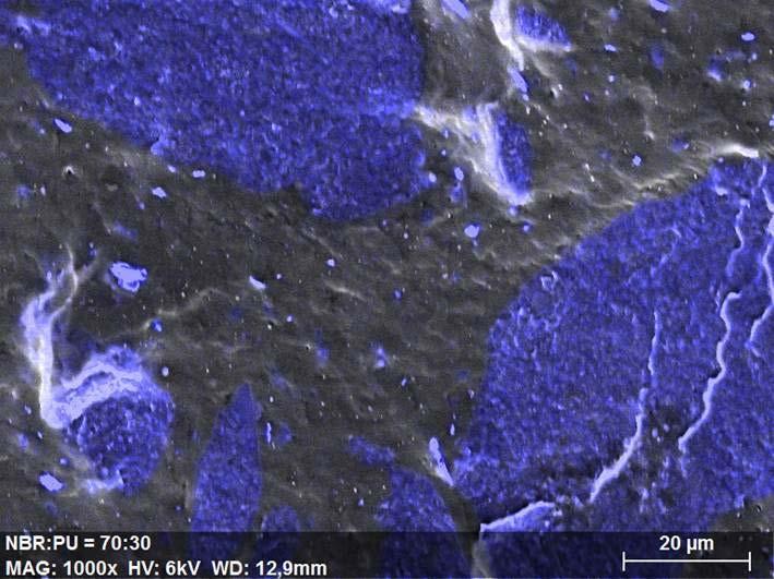 PUU NBR Fig. 3: SEM-EDX micrographs with elemental oxygen mapping shows oxygen-rich PUU domains (blue) dispersed in NBR matrix. Cooperation: Dr.