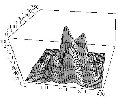Grafische Darstellung: attentional landscapes Summation zwei-dimensionaler Gaussfunktionen mit Maxima an Fixationspunkten Gewichtung