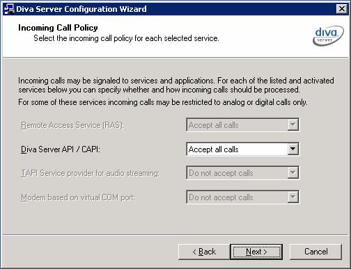 Screenshot 1: Diva Server-Konfigurationsassistent: Konfiguration von CAPI für die Annahme aller Anrufe.