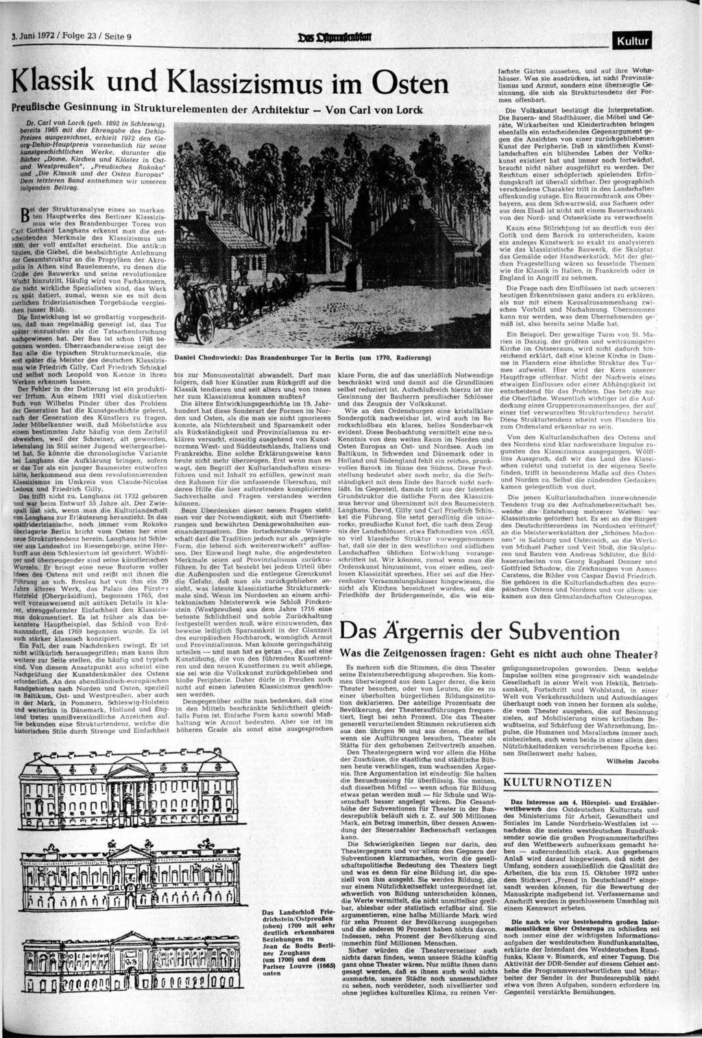 3. Juni 1972 / Folge 23 / Seite 9 JÄDfnrtnrfiratrrait Kultur Klassik und Klassizismus im Osten Preußische Gesinnung in Strukturelementen der Architektur - Von Carl von Lorck Dr. Carl von Lorck (geb.