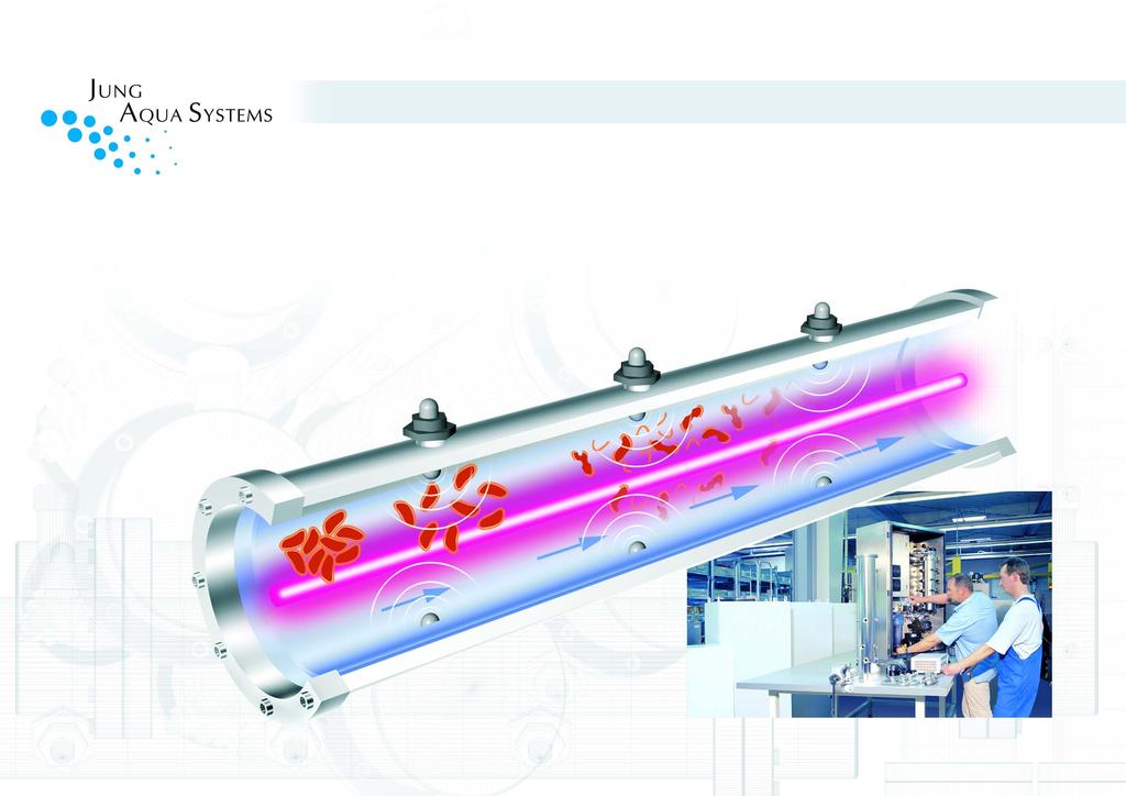 Innovatives Entkeimungskonzept Wirkprinzip Wissenschaftliche Untersuchungen haben belegt, dass sich die Effizienz der UV-Desinfektion durch Kombination mit Ultraschall nachhaltig steigern lässt.