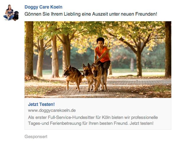 Ein Beispiel für eine Page Post Link Ad Ein Klick auf die Anzeige leitet den Nutzer auf die Zielseite (zum Beispiel eine gesonderte Landing-Page auf der Website des Hundesitters).