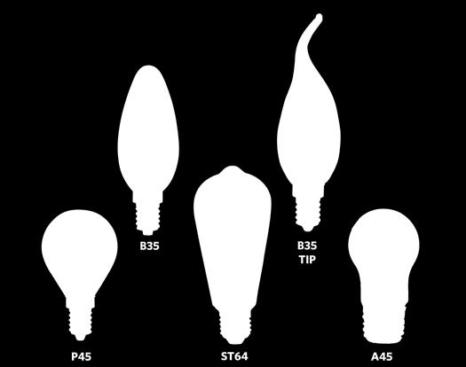 LED Filament A45, B35, B35BT, P45, ST64 Fakten Vorteile Flackerfrei Klassische Glühlampenform gewährleistet einfachen Austausch Gleiche Optik wie traditionelle Glühlampen Dimmbare (ST64 & A45) und