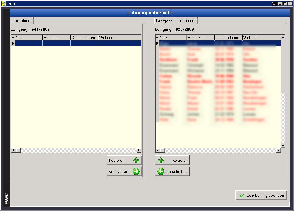 Rufen Sie diese Funktion direkt über das LEO-Menü auf, können Sie beide Lehrgänge auswählen, zwischen denen Teilnehmer verschoben oder kopiert werden sollen.
