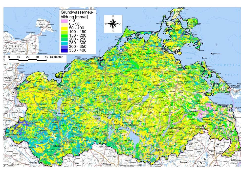 Abb. 1: Mittlere langjährige Grundwasserneubildungsraten in Mecklenburg-Vorpommern 4 Berechnungen der notwendigen Teildaten 4.