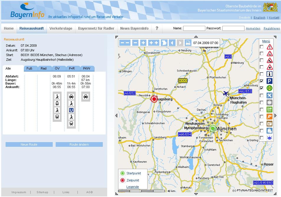 Beispiel Intermodale Reiseplanung BayernInfo Durchgehende Verkehrsinformation Intermodales routing Informationsangebot