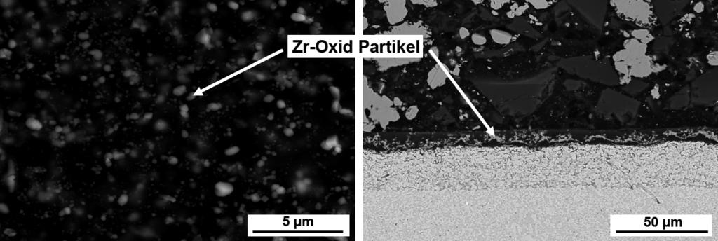 3: Gegenüberstellung der Oxidmorphologie der Legierungen Mo-9Si-8B (links) und Mo-9Si-8B-1Zr (rechts) in Form von REM-Aufnahmen nach einer Stunde Oxidation bei 820 C.