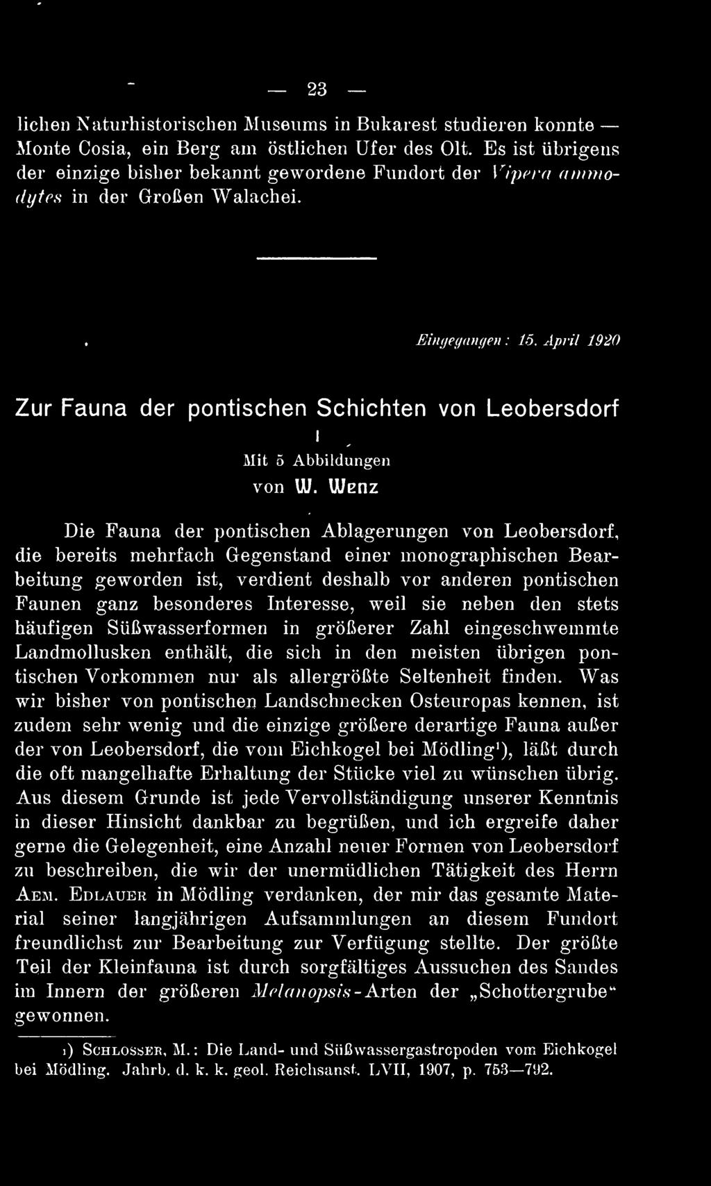 April 1920 Zur Fauna der pontischen Schichten von Leobersdorf I Mit 5 Abbildungen von U/.