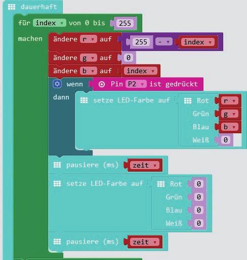 Baue dazu eine wenn... dann-abfrage ein und ziehe in das Feld für die Bedingung einen Block Pin P2 ist gedrückt. Die Abbildung zeigt wieder nur die erste der drei Schleifen.