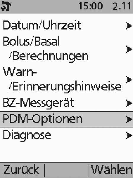 6 Anwendung des Personal Diabetes Managers Hintergrundbeleuchtung-Zeitlimit: Standardmässig ist die Hintergrundbeleuchtung eingeschaltet, während Sie den PDM benutzen.