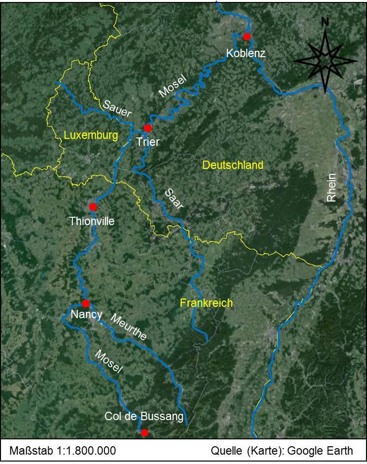 4 Mosel und Saar Abbildung 2.1: Verlauf der Mosel und ihrer Zuflüsse (Quelle: Google Earth) Tabelle 2.