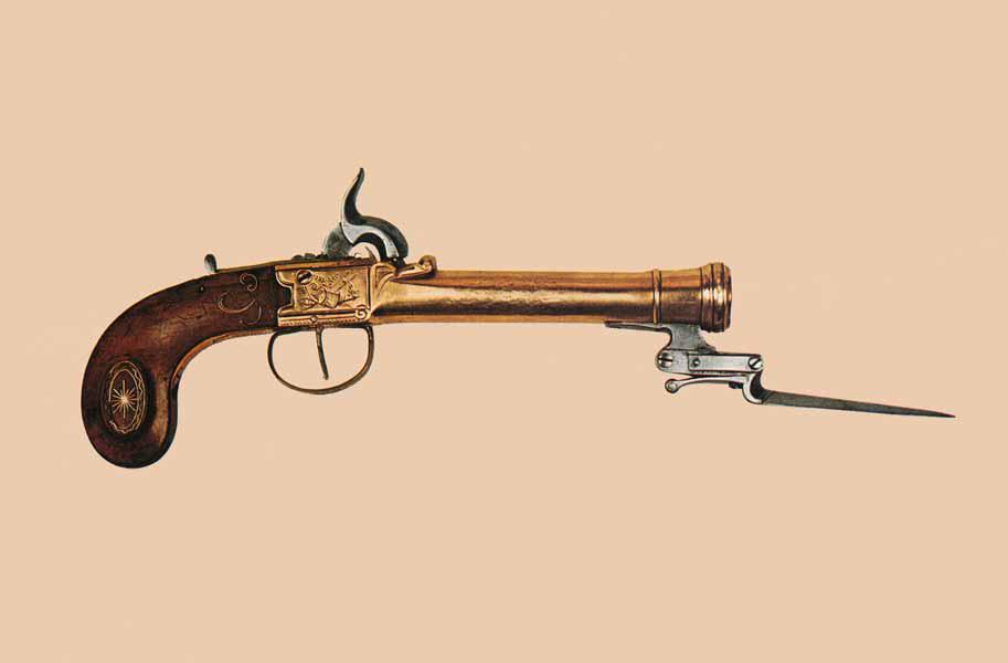 Um 1850: Marine-Pistole mit Bajonett Die Perkussionspistole besitzt einen Bronzelauf mit Mündungswulst.