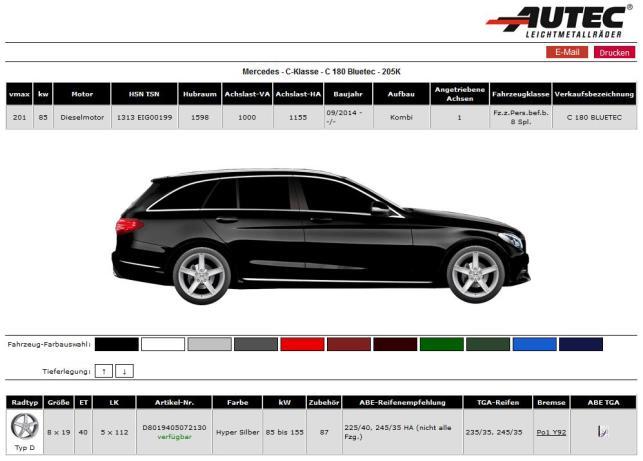 Die Fahrzeugauswahl kann entweder über die Auswahlfelder oder noch genauer über die HSN-/TSN-Nummer vorgenommen werden. Anschließend werden alle passenden Raddesigns aufgeführt.