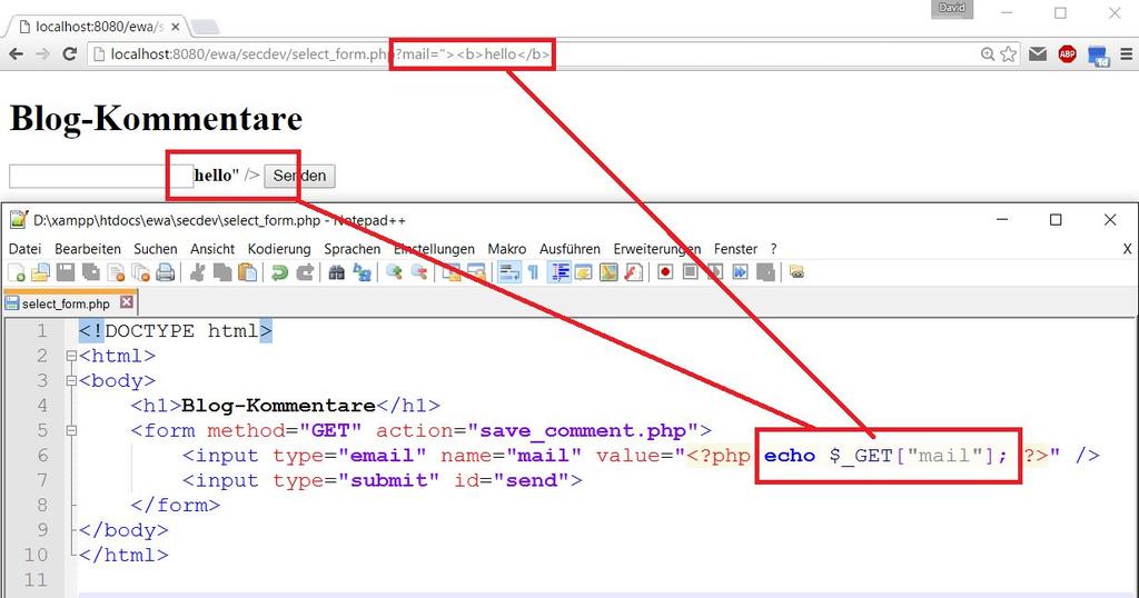 Cross Site Scripting Der Angreifer schickt dem Opfer einen präparierten Link, der HTML beinhaltet und aus dem Formularfeld ausbricht. Auch Javascript möglich.