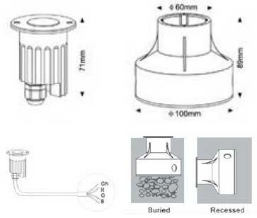 D:65mm H:71mm (round) 65mm x 65mm (square) Strahlwinkel 45 40 lm RGB Volt 12V Betriebstemperatur <40 C