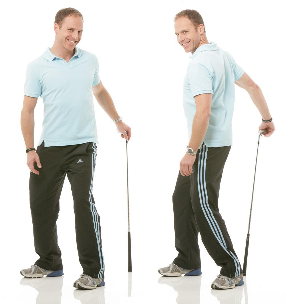 Mobilität unterer Rücken Ein MUSS für jeden Golfer: Den Golfschläger hinter den Rücken in die Mitte beider Füße stellen, linke Hand am Schläger und nach li drehen, re