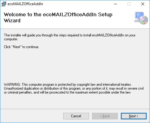 2. Windows 12 Abb. (ähnlich) 2.11: ecomailz - Anmeldeseite vom Webclient 2.1.2 MS Office Addin (Outlook) installieren Mit dieser Datei kann das MS Outlook Addon von ecomailz installiert werden.