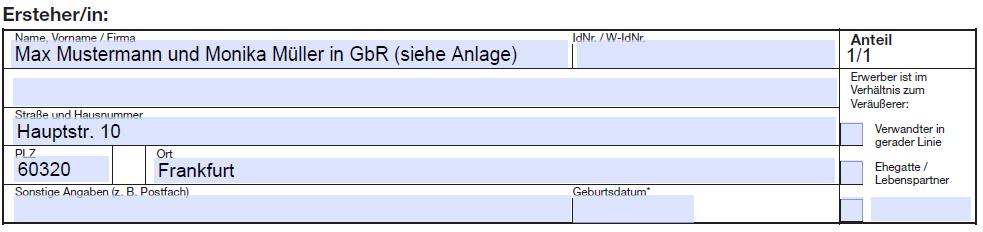 2 - Bei mehr als zwei Erstehern/innen ist der Veräußerungsanzeige eine formlose Anlage mit den erforderlichen Angaben zu den übrigen Erstehern/innen beizufügen.