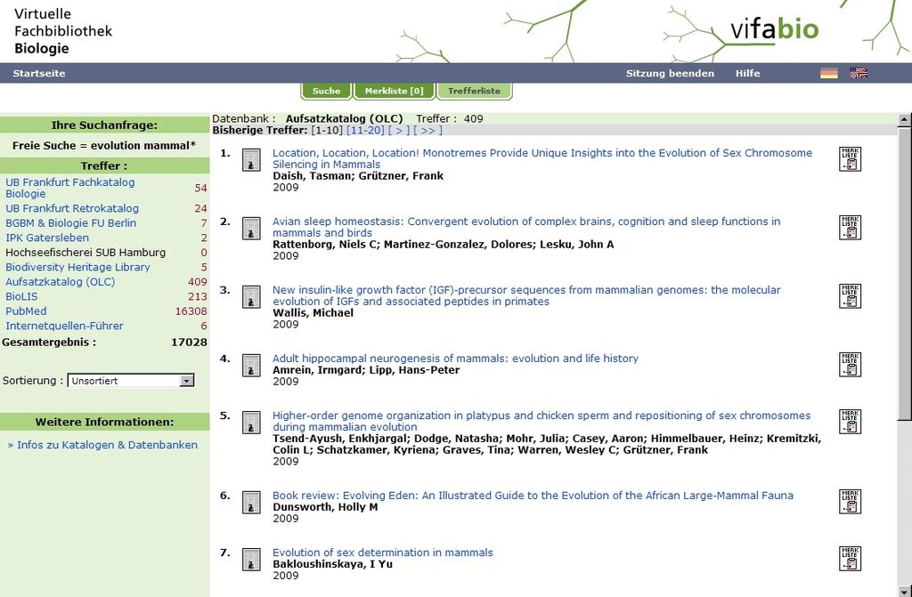 [ Bildschirmfoto: ] Kurztrefferliste -> Artikel www.vifabio.