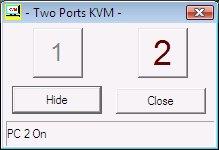 D. An beiden Ports sind PCs angeschlossen, und beide sind eingeschaltet. Der rote Buchstabe und die größere Nummer geben an, dass der zweite Port der aktive Host ist.