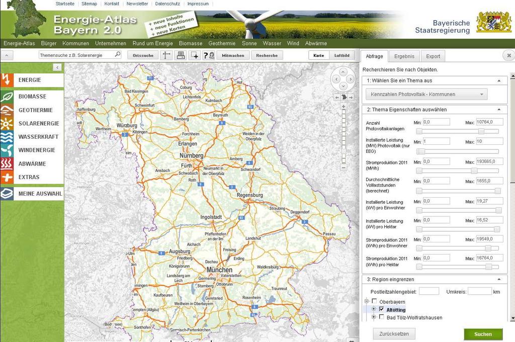Abbildung 6: Kartenteil des Energie-Atlas Bayern Neuerung: Recherchefunktion Weiterhin können sich die Nutzer z. B. die Kommunen mit Photovoltaikanlagen mit einer installierten Leistung von 1 MWp bis 10 MWp im Landkreis Altötting anzeigen lassen.