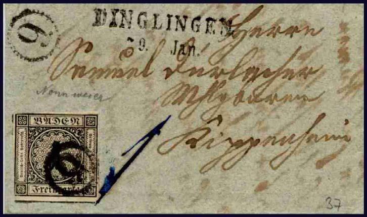 Mi. Nr. 5 auf Brief nach Kippenheim, Uhrrad 9 Beschreibung: Prüfung: Auktion: Absender: PE Dinglingen/LO Nonnenweier Ziel: PE Kippenheim Marke : Mi. Nr. 5 Datum: 1860.01.29.