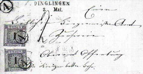5(2) auf Brief nach Zunsweier über Offenburg Mi. Nr. 17a+18+19a auf Brief nach Theningen Absender : PE Dinglingen/LO Meisenheim Ziel : LO Zunsweier/PE Offenburg Marke : Mi. Nr. 5(2) Datum: 186?
