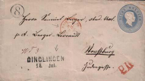 23(3) Dreierblock Datum: 1870.06.06. Stempel : Typ 3 s.; PA Friesenheim Tarif : 3 Kr. Porto. Leitweg : Briefpost Reg.