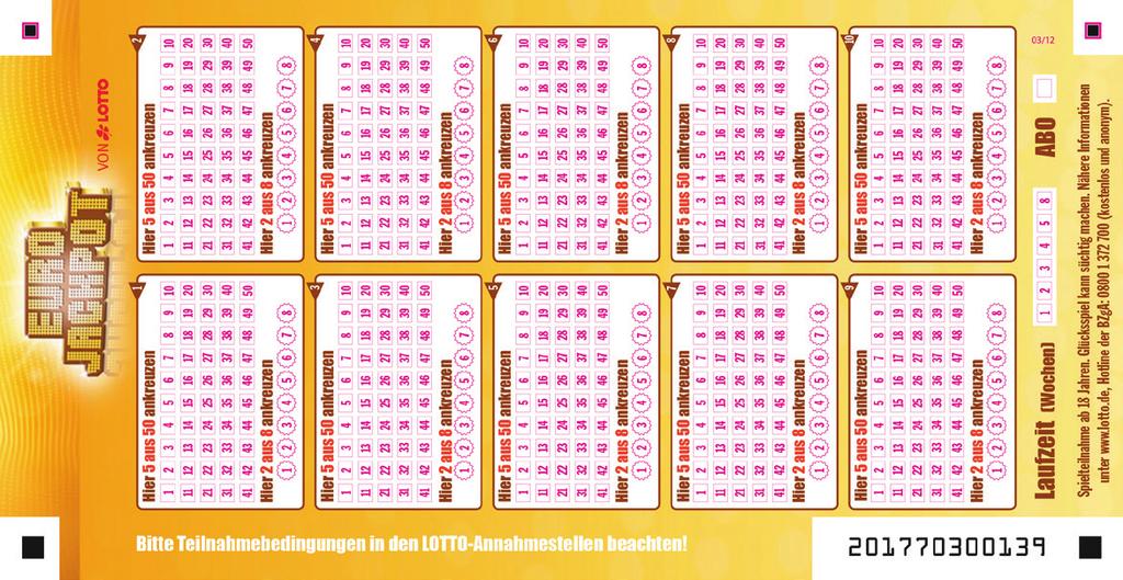 Der Spielschein So funktioniert die Lotterie Eurojackpot Die Spielformel bei Eurojackpot lautet 5 aus 50 und 2 aus 8 (Eurozahlen).