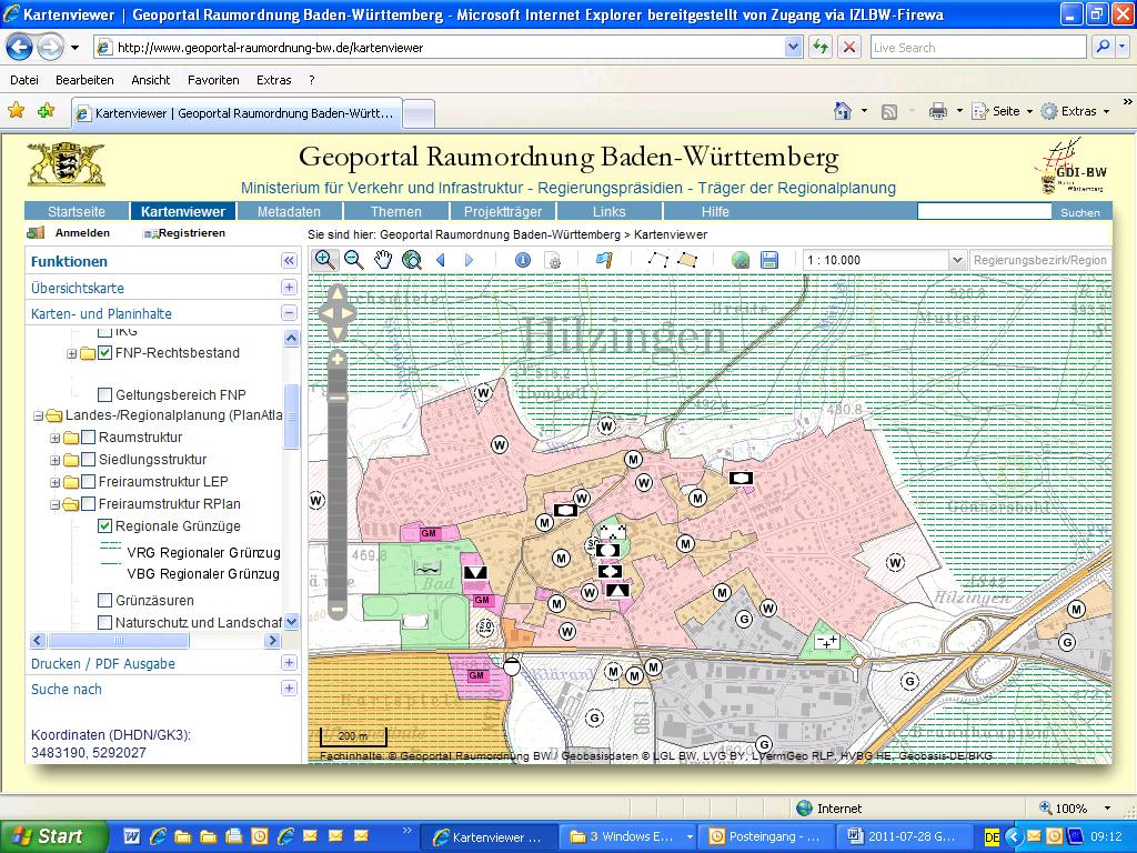 - 6 - Kartenbeispiele aus dem Kartenviewer des Geoportals Raumordnung BW: Bild 1: Überlagerung von Bauleitplanung und Regionalplanung, also Planungsebenen, die im Originalmaßstab stark voneinander